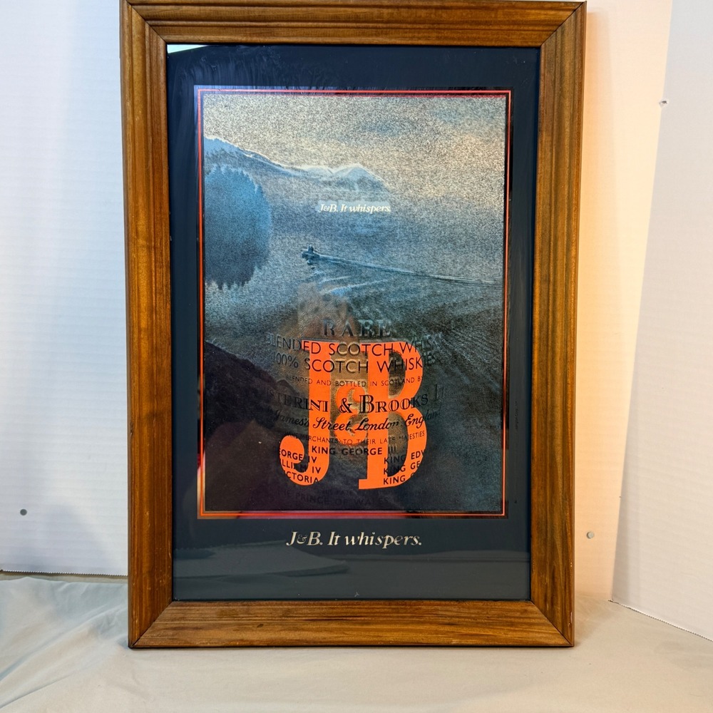 Vintage 1981 J&B Rare Scotch Whisky It Whispers Framed Bar Mirror 20x13.25